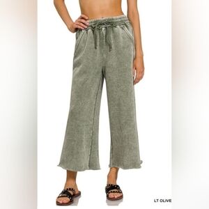 Zenana Fleece Lined Olive Green Wide Leg Sweatpants